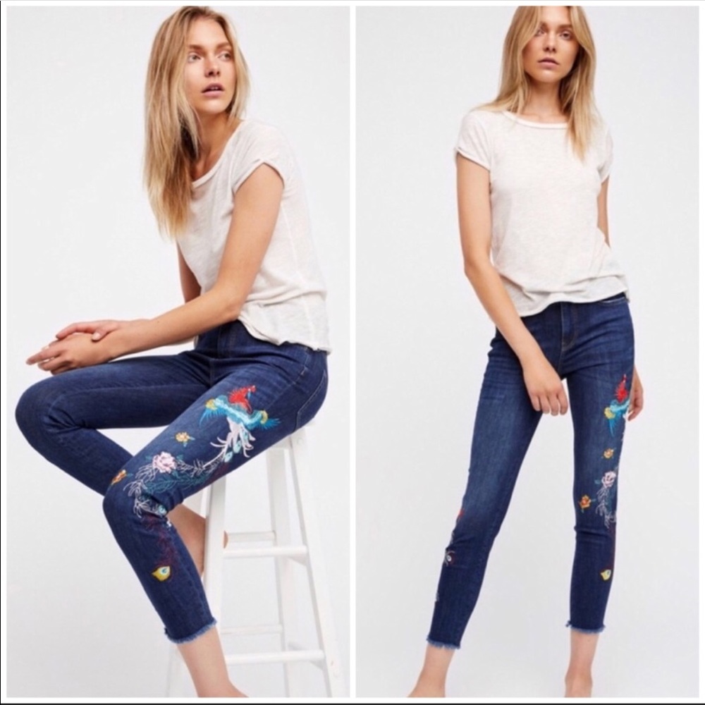 FP High Waisted Ankle Pants Peacock Embroidering